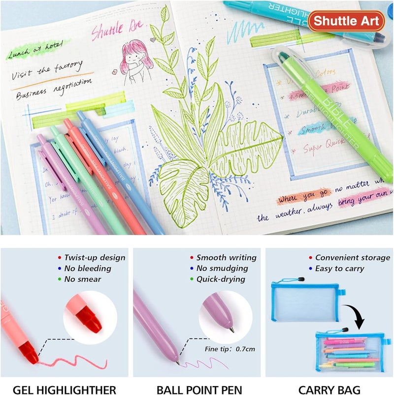 Shuttle Art Bible Highlighters and Pens, 22 Pack Journaling Kit, 12 Colors Gel Highlighters and 10 Colors Ballpoint Pens with a storage bag, Bible Markers No Bleed Through by - Image 3
